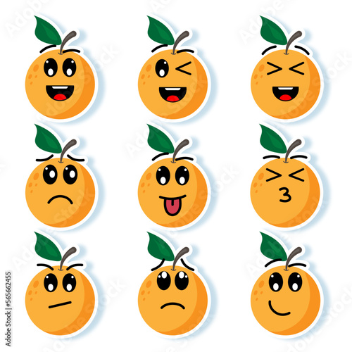 Stickers with Oranges with kawaii eyes. Flat design vector illustration of oranges on white background