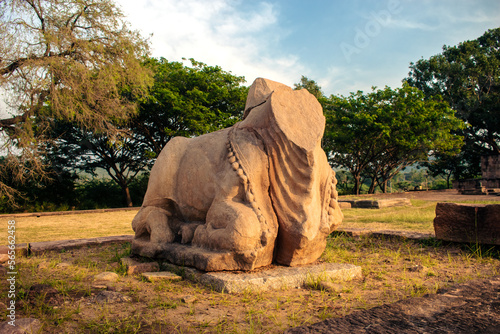 Ancient ruined statue of Nandi at Pattadakal temple complex,Karnataka,India. photo