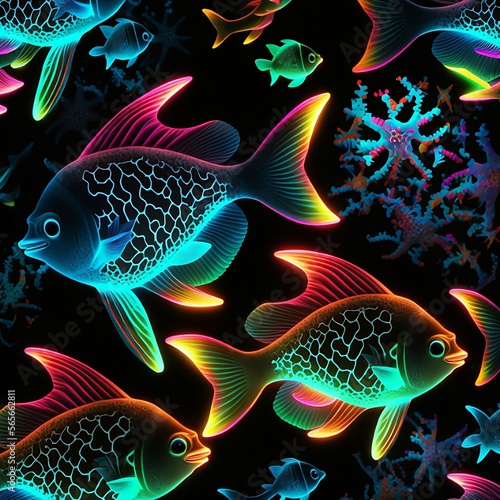Beautiful Neon Fish with Black Background