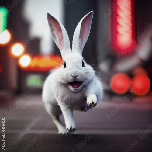 Cheerful gambling white rabbit running on street road Generative AI