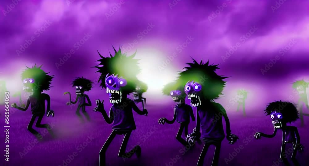 purple zombie monsters standing in a field zooming animation with foggy conditions purple zombie monsters standing in a field zooming animation with foggy conditions