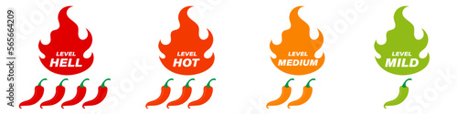 Spicy food levels. Product spiciness label. Mild, medium, hot and hell fire stickers. Vector elements for food package.