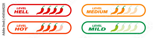 Hot pepper spiciness scale with mild, medium, hot and hell levels. Food package vector signs.