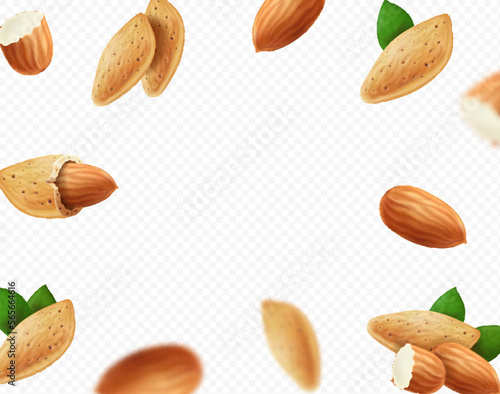 Almond nuts on background. Flying almond with green leaf. Blurred falling realistic nuts. Vector illustration