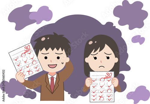 テストの成績が悪く落ち込む・困る学生の男女のイラスト　背景あり