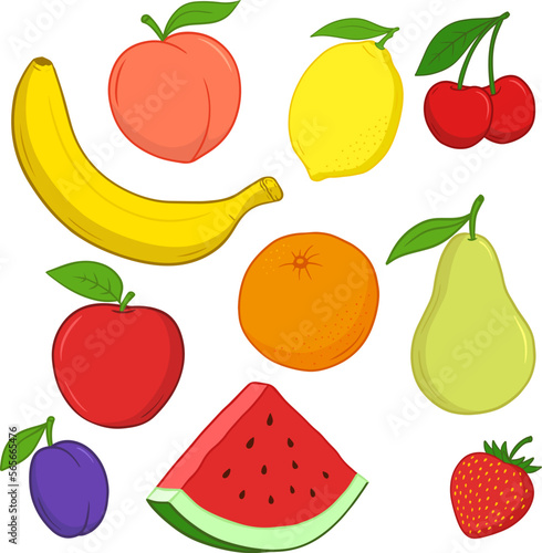 Fototapeta Naklejka Na Ścianę i Meble -  Set of ripe fruits in bright colors. Cartoon style.