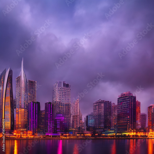 AI illustration Art magical Mysterious distant cityscape foggy misty futuristic reflection on water