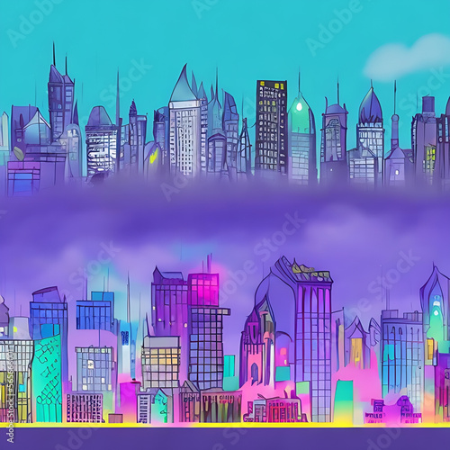 AI illustration Art magical Mysterious distant cityscape two colorful cities aqua purple