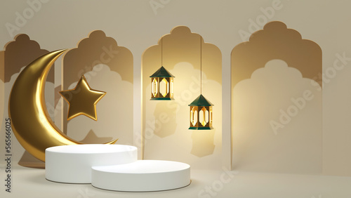 EID 3d render jewelry podium with beige background and green lanterns. Double pedestal for greetings sale banner. Turkish template for advertising with golden moon and star