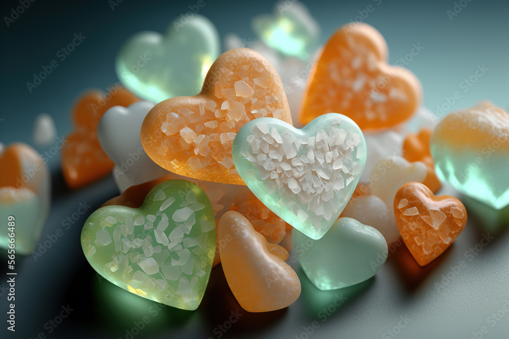 Obraz premium Heart shaped candies. Orange and turquoise sweets. AI Generative