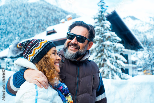 Valokuva Happy young mature couple of tourist enjoy together winter holiday vacation time