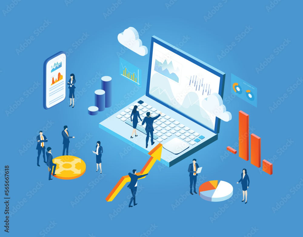 Isometric 3D business environment. Business management. Isometric space, server room with business people working together. Technology, success, data protection and personal security infographic Isometric 3D business environment. Business management. Isometric space, server room with business people working together. Technology, success, data protection and personal security infographic