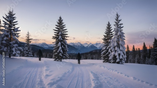 beautiful stunning landscape, snowy winter wonderland, distant breathtaking lands, quiet vacation spot in the snowy mountains © Ogrim