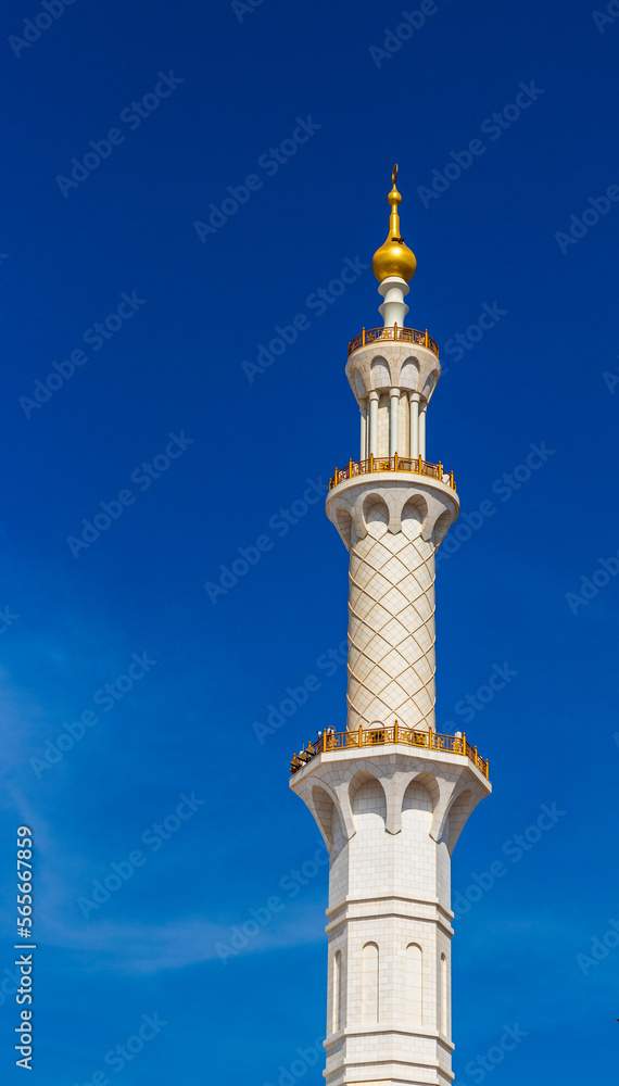 View of an islamic minaret of the mosque. Religion