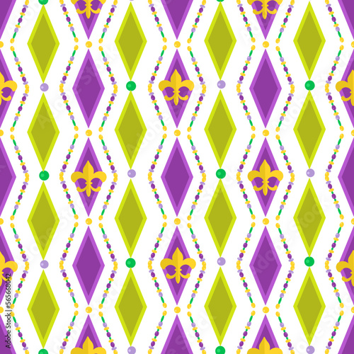 Mardi Gras green purple rhombus and beads seamless background. Masquerade holiday party pattern 