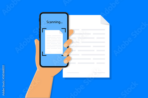 Scanning document paper file. Scan document. Scanning document isometric. Document scanner smartphone interface vector template. Vector illustration photo