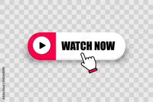 Watch now button with cursor icon. Video play icon isolated on transparent background. Watch now button for web site, ui, media player, banner and app template