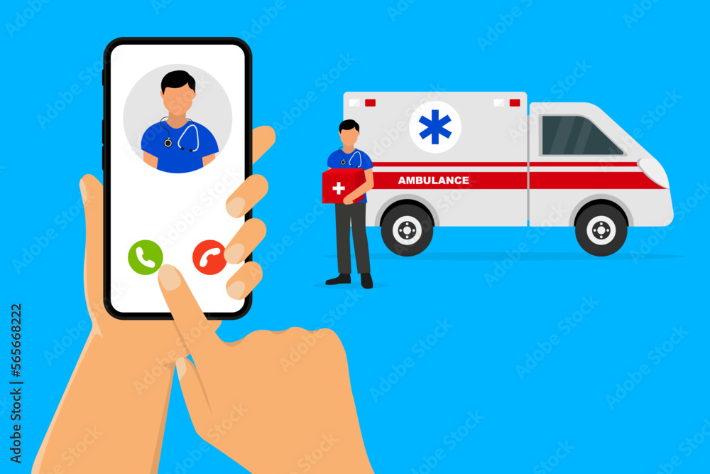 Emergency Call Ambulance Flat Vector Illustration Mobile App For