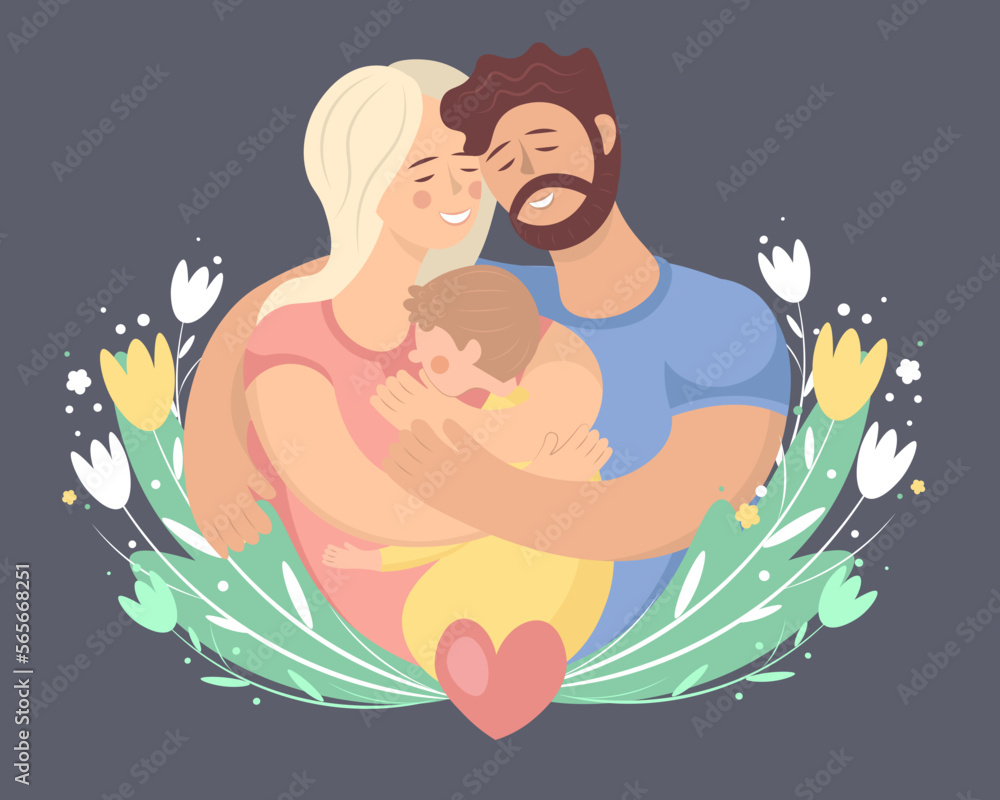 Warm tender family hugs. Parents and baby. Friendly happy emotions. Hugging couple with kid. Warm tender family hugs. Parents and baby. Friendly happy emotions. Hugging couple with kid.