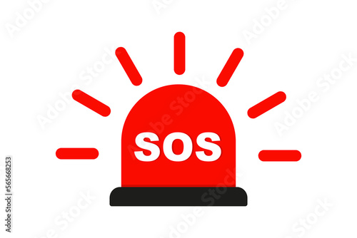 Red flasher siren with text SOS vector icon. Alert flashing light in a flat style. Simple helpline emergency sos sign. Vector illustration