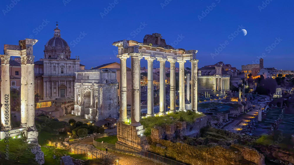 Roman Forum by night with moon - Rome