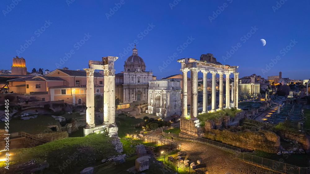 Roman Forum by night with moon - Rome