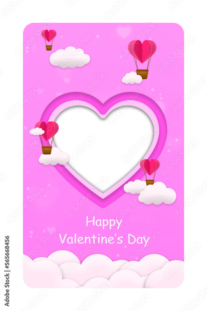 Greeting pink heart frame paper cut valentines day concept for card and instagram story post decoration isolated on white background	