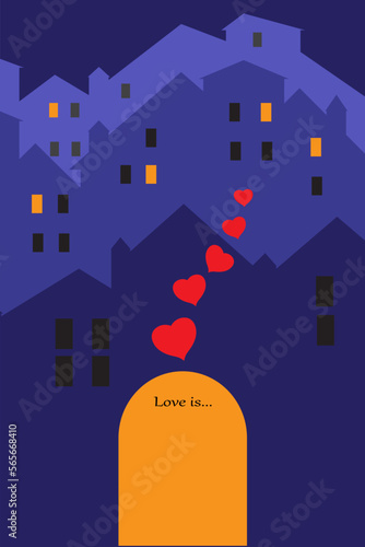 Vector illustration with image of houses and a black text about love