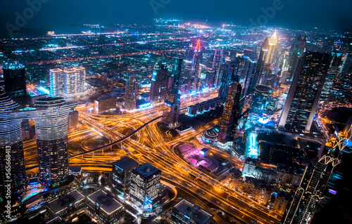 Dubai, UAE. Dubai city at night, view with lit up skyscrapers and roads. © IRStone