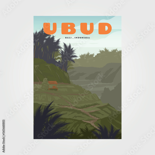 tegallalang ubud bali travel vintage poster design, rice terrace view illustration design