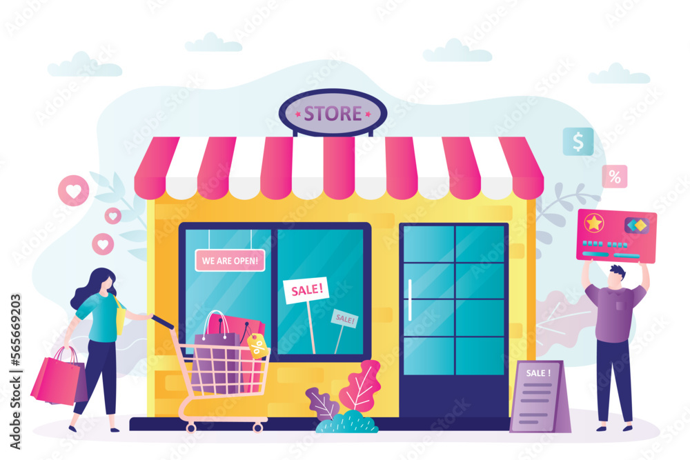 Shop building. Entrance to the supermarket or store. Client hold credit card for payment. Shopping process. Storefront, facade of store. Commercial real estate. Shop exterior.