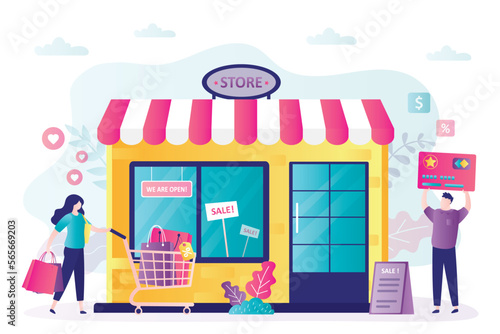 Fototapeta Naklejka Na Ścianę i Meble -  Shop building. Entrance to the supermarket or store. Client hold credit card for payment. Shopping process. Storefront, facade of store. Commercial real estate. Shop exterior.