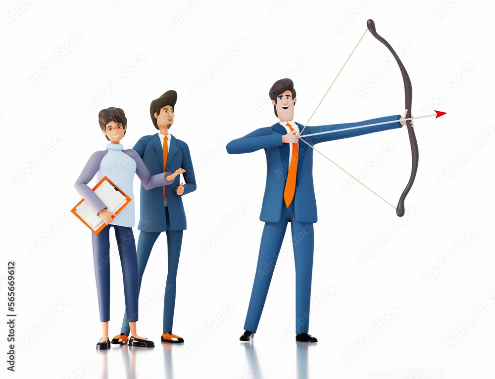 Successful businessman shooting with arrow. Achievement and success and concept 3D rendering illustration