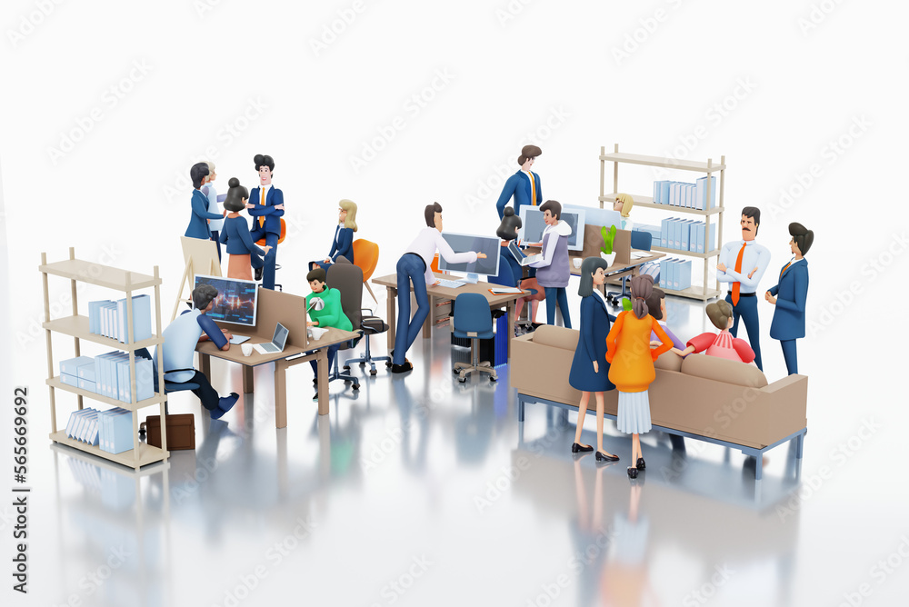 Big office with many people working. Business team is working together, people having meeting, discussing deal, project progress. 3D rendering illustration Big office with many people working. Business team is working together, people having meeting, discussing deal, project progress. 3D rendering illustration