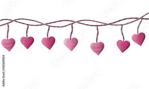 pink heart hanging by a rope. to commemorate Valentine's Day. isolated white transparent background