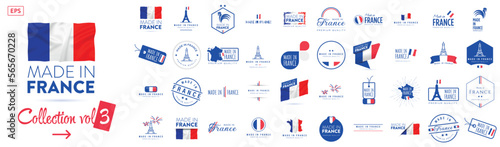 Collection of badge logotype of Made in France with ribbon and flag on white background, For art template design, page, mockup brochure style, banner, idea, cover, booklet, print, flyer, book, card