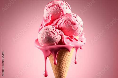 three balls of delicious strawberry ice cream in wafer cone, pink milk splash, generated arificial intelligence photo