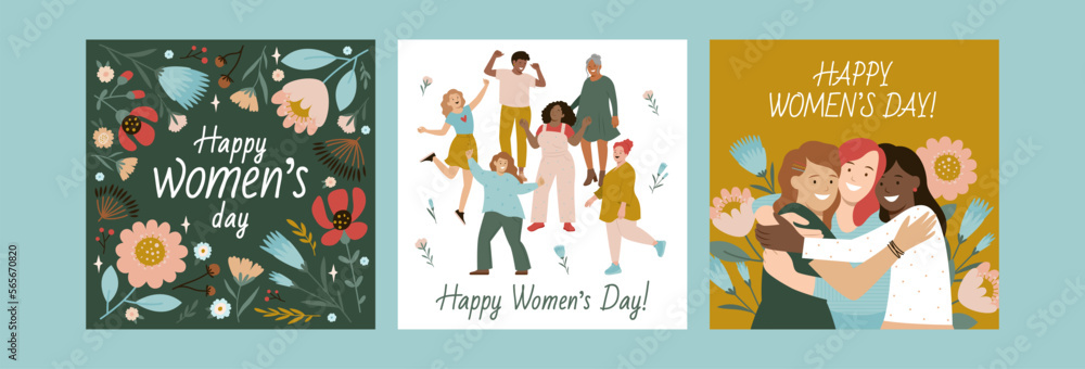 Set of vector illustrations for International Women's Day. Happy women and flower pattern colorful design. Modern collection of square templates