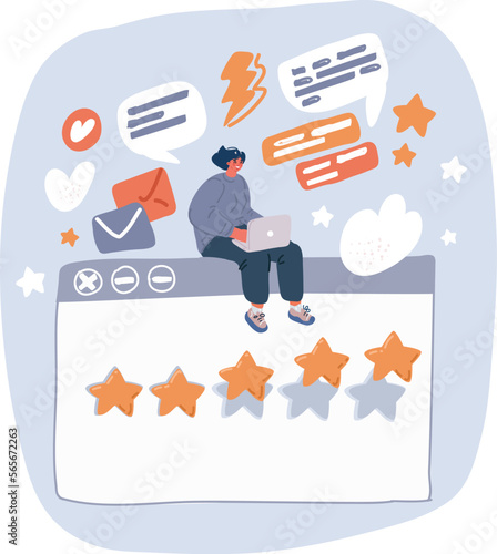Vector illustration of Consumer review and 5 stars rating. Customer feedback and positive rating for goods in browser