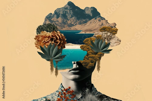 Fototapete Abstract art, collage with female portrait and mountains, generative ai
