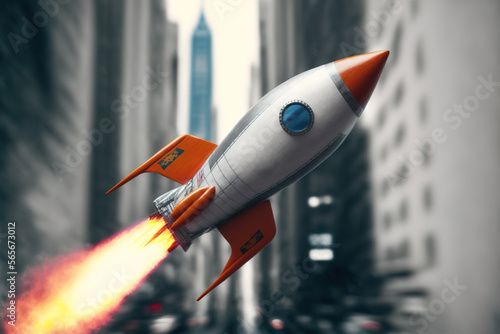 Space rocket flying in the city , Generative AI illustration
