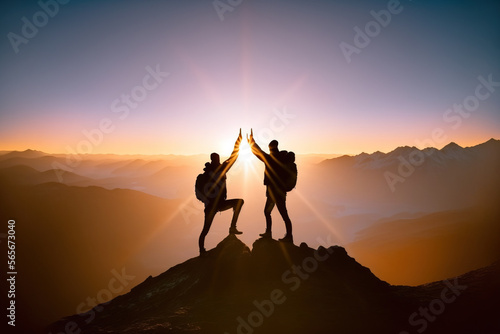 Accomplishment concept , with silhouette of two hikers giving high five on mountain top, Generative AI illustration