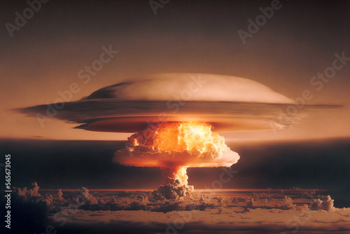 Atomic explosion mushroom cloud rising above the clouds, Generative AI illustration photo
