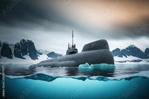 Nuclear submarine surfacing in the Arctic. Generative AI illustration