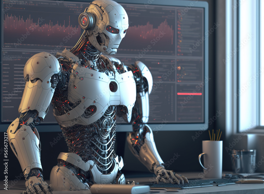 Robot trader controlling the stock market. Generative AI illustration