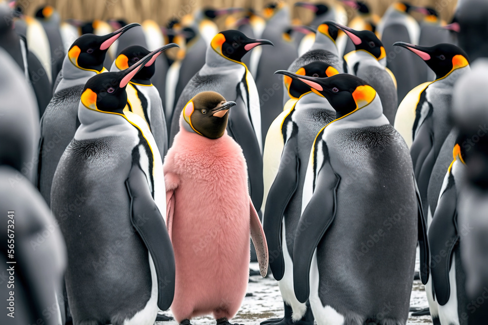 Standing out from the crowd with pink pinguin between penguins. Generative  AI illustration Illustration Stock