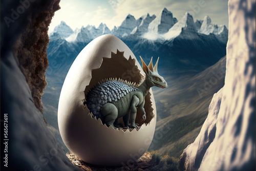  a dinosaur hatched in an egg with mountains in the background and a mountain range in the background, with a mountain range in the background.  generative ai photo