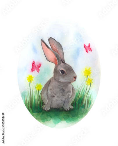 Easter grey bunny. Watercolor illustration.