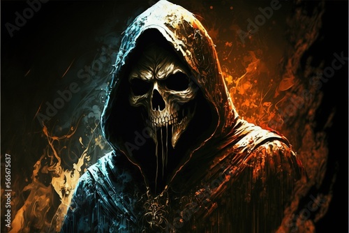  a skull wearing a hooded jacket with a hood on and a flamey background is shown in the foreground of this image, a dark hooded figure with a hood,.  generative ai photo