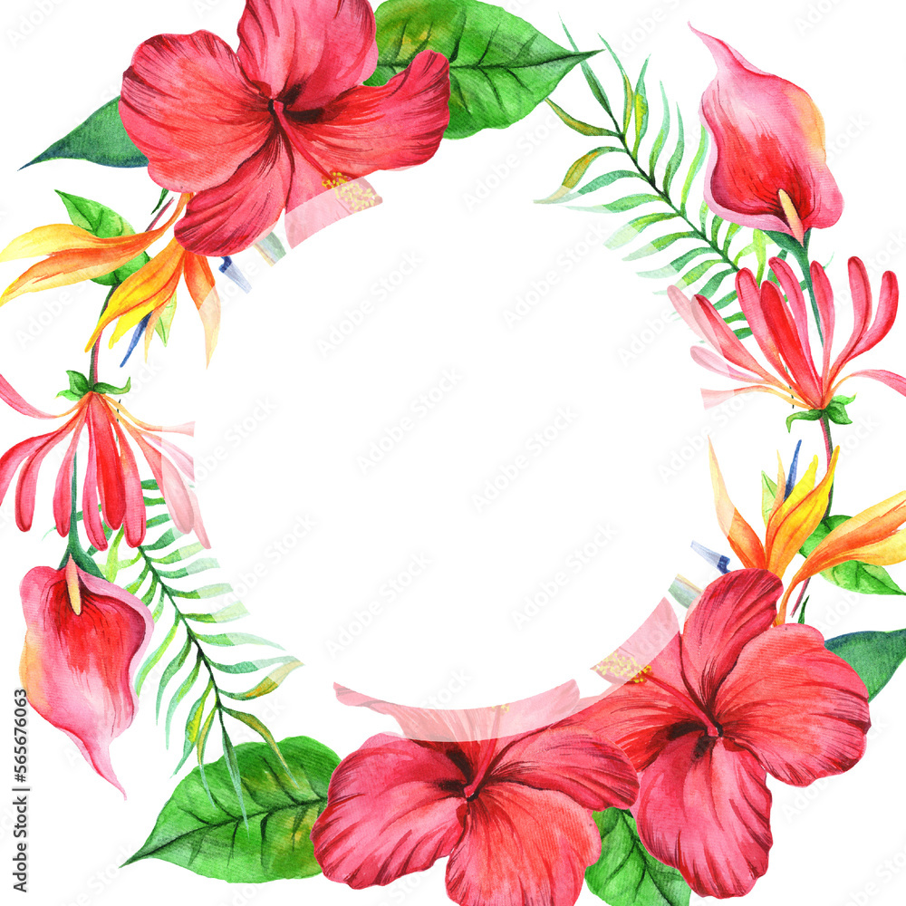 Naklejka premium Watercolor frame with hibiscus flower, tropical flowers and leaves.